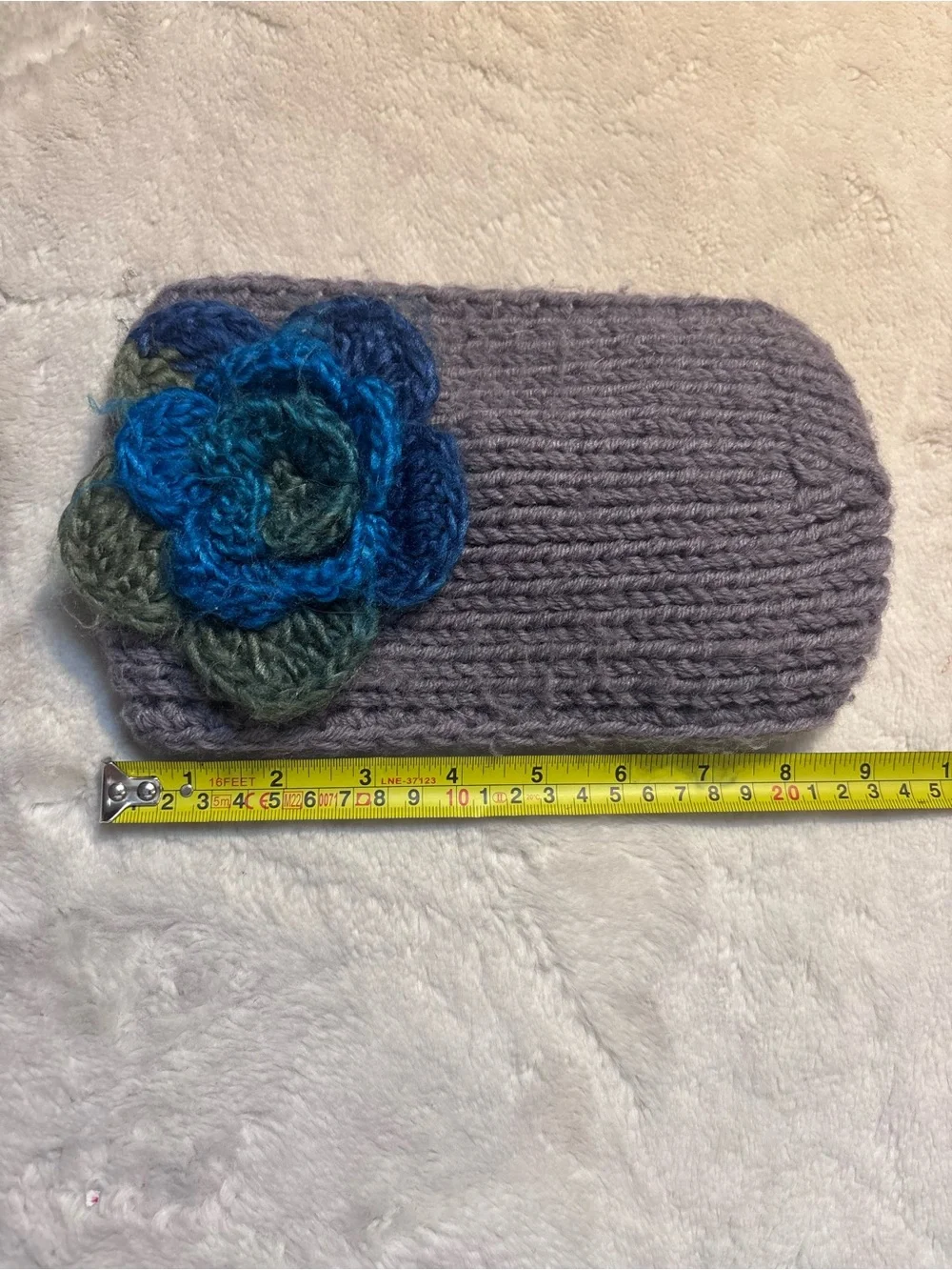 Gray Knit Headband Ear Warmer Earmuff with Blue Green Crochet Flower 3D Accent